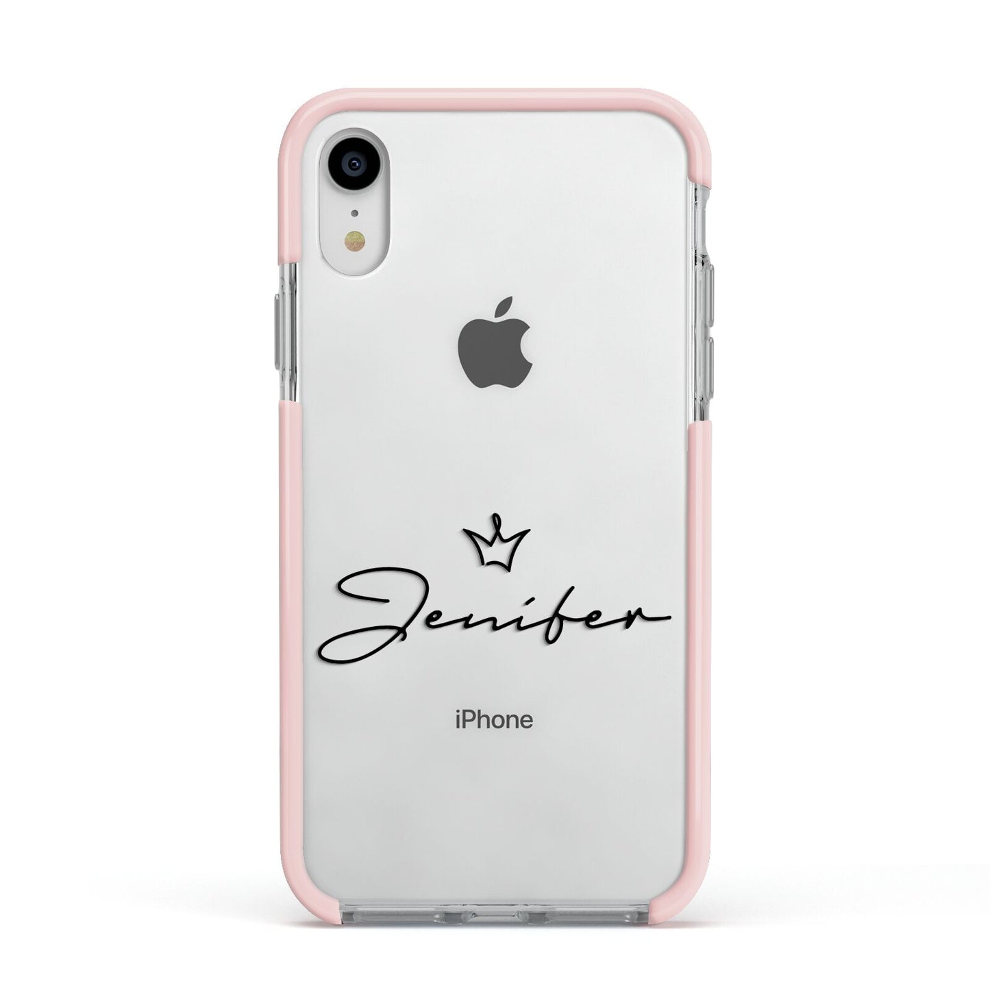 Personalised Black Text Transparent Apple iPhone XR Impact Case Pink Edge on Silver Phone