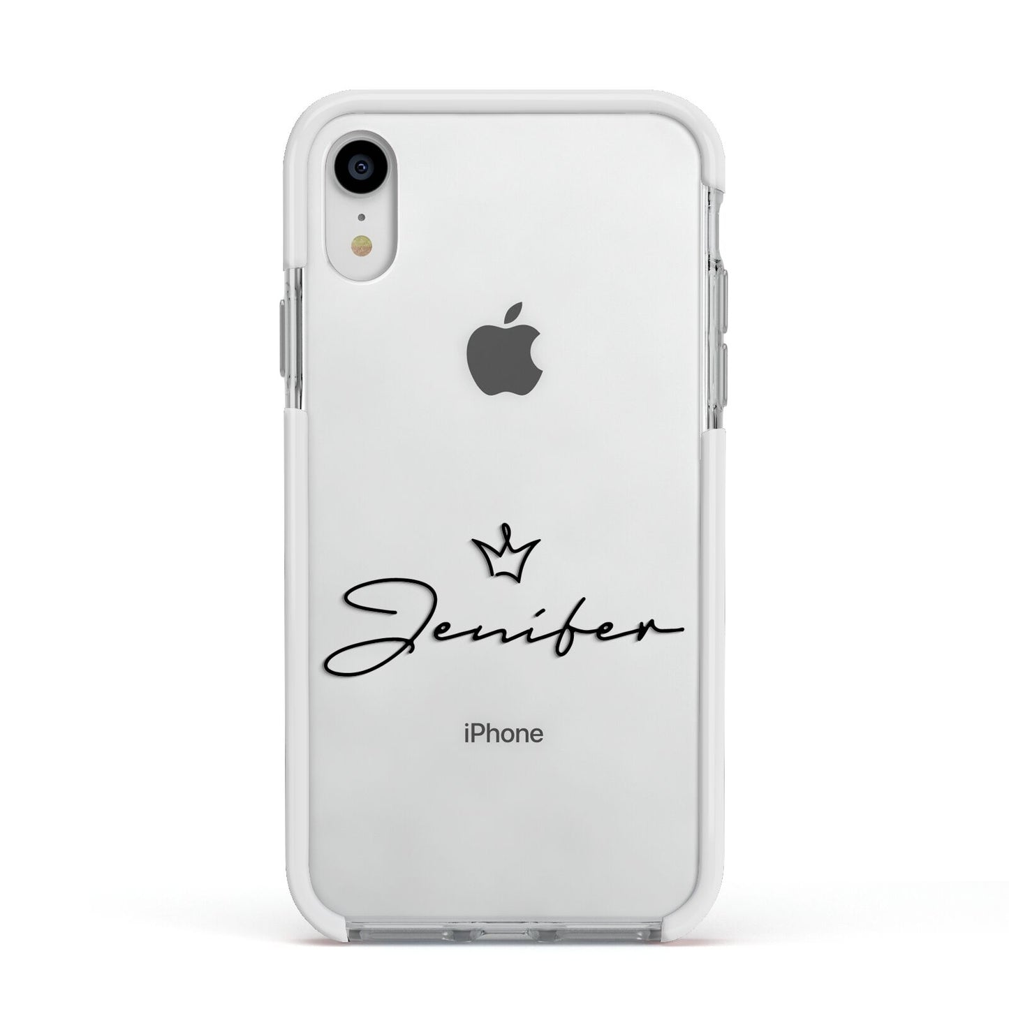 Personalised Black Text Transparent Apple iPhone XR Impact Case White Edge on Silver Phone