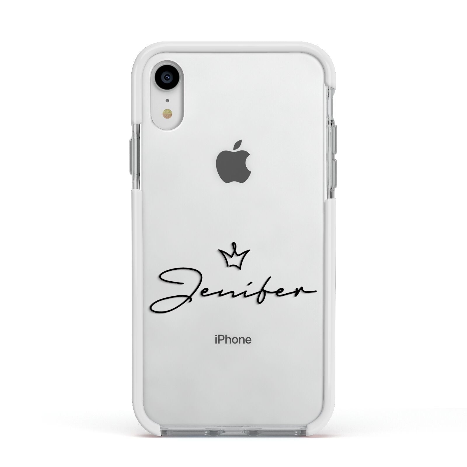 Personalised Black Text Transparent Apple iPhone XR Impact Case White Edge on Silver Phone