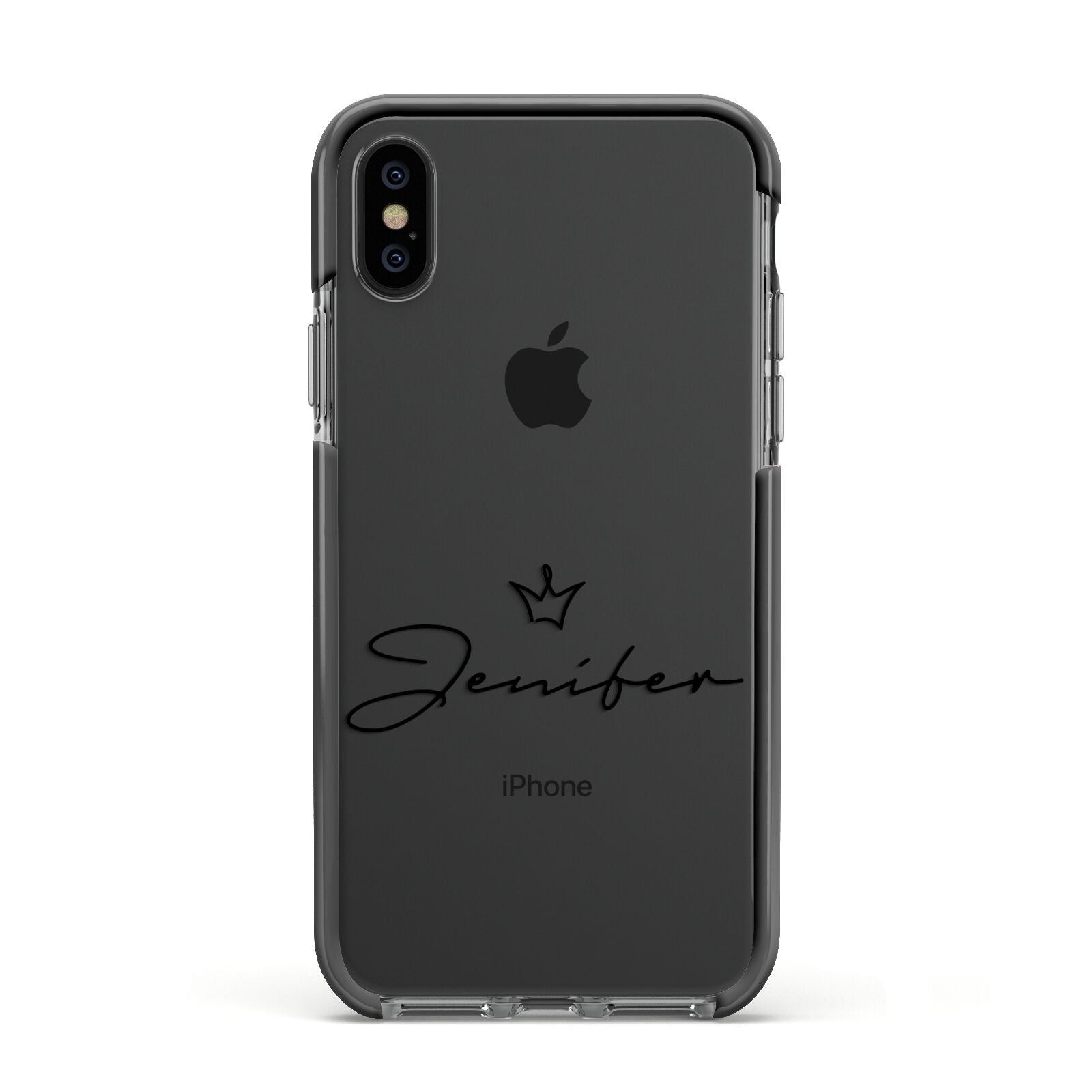 Personalised Black Text Transparent Apple iPhone Xs Impact Case Black Edge on Black Phone