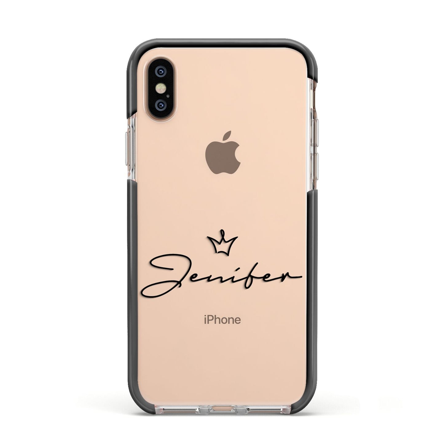 Personalised Black Text Transparent Apple iPhone Xs Impact Case Black Edge on Gold Phone