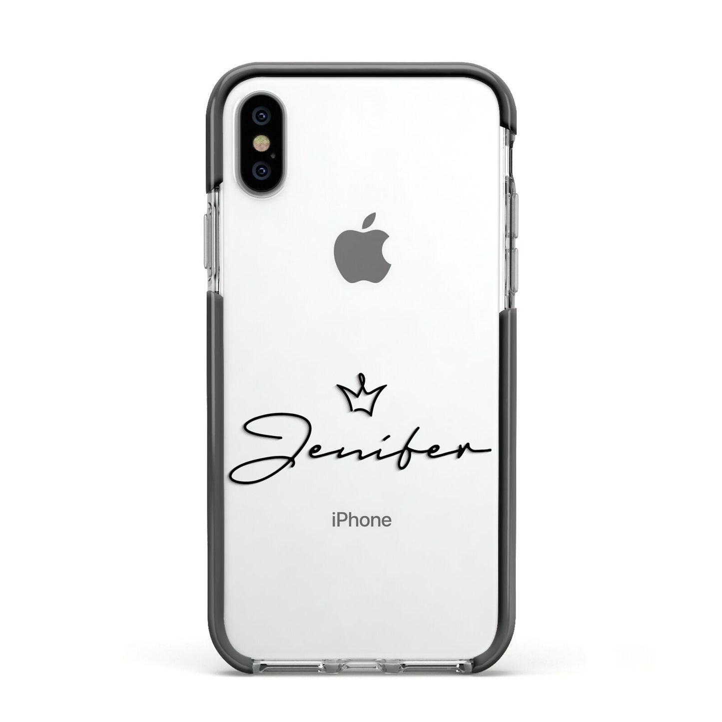 Personalised Black Text Transparent Apple iPhone Xs Impact Case Black Edge on Silver Phone