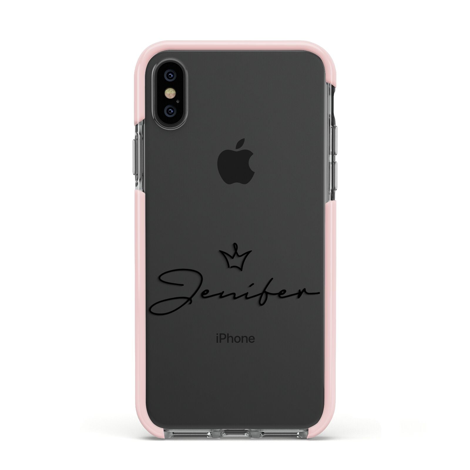 Personalised Black Text Transparent Apple iPhone Xs Impact Case Pink Edge on Black Phone