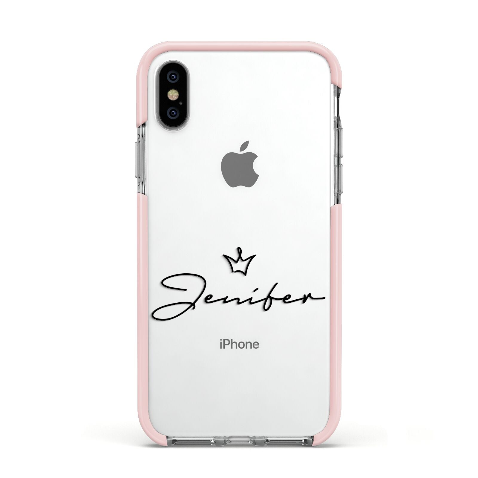 Personalised Black Text Transparent Apple iPhone Xs Impact Case Pink Edge on Silver Phone