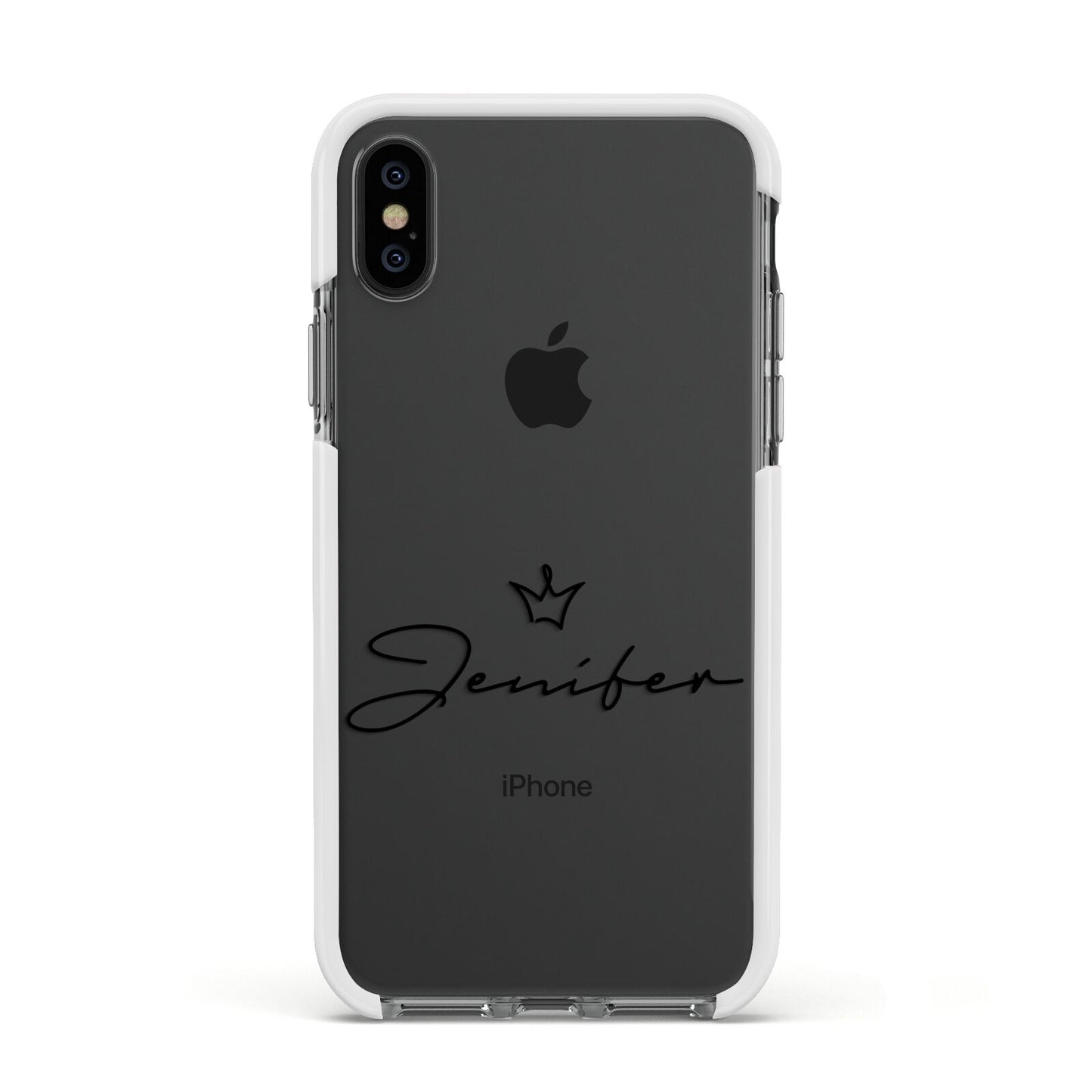Personalised Black Text Transparent Apple iPhone Xs Impact Case White Edge on Black Phone