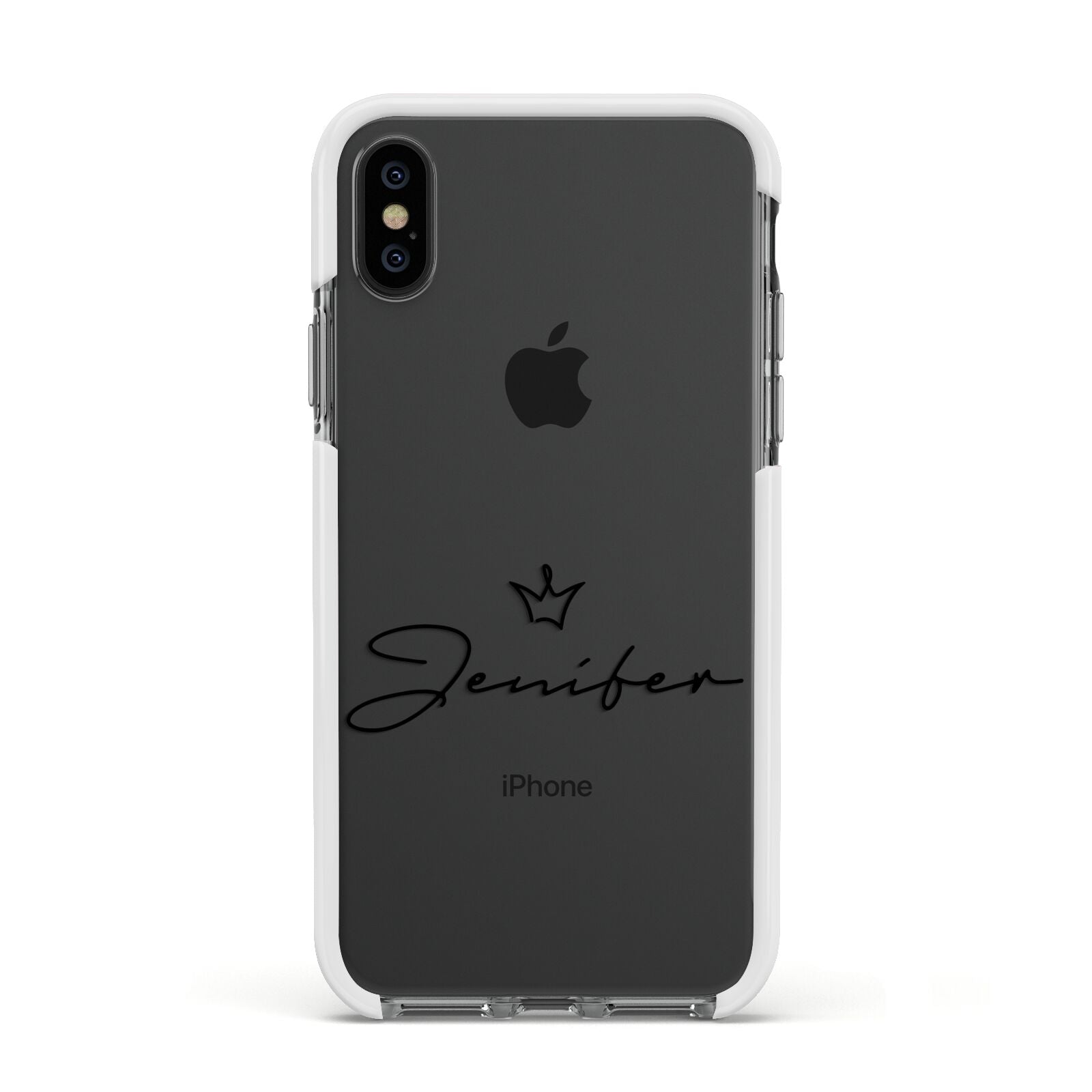 Personalised Black Text Transparent Apple iPhone Xs Impact Case White Edge on Black Phone