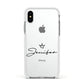 Personalised Black Text Transparent Apple iPhone Xs Impact Case White Edge on Silver Phone