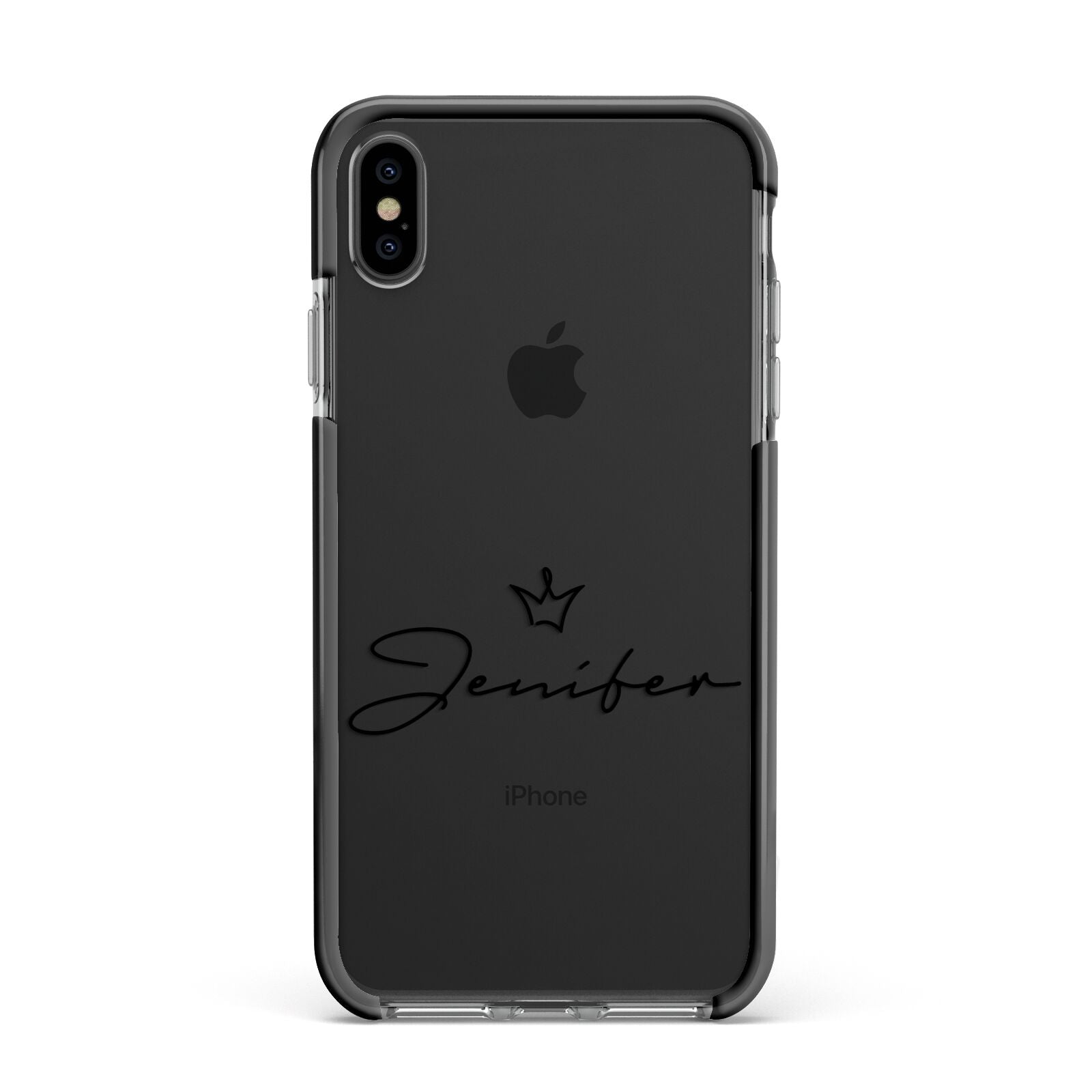 Personalised Black Text Transparent Apple iPhone Xs Max Impact Case Black Edge on Black Phone