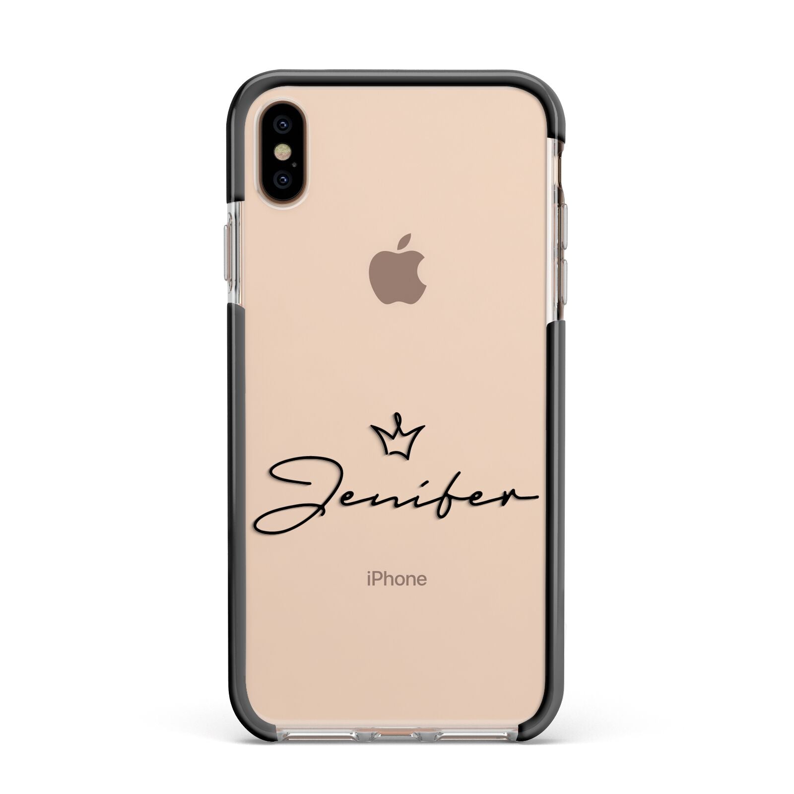 Personalised Black Text Transparent Apple iPhone Xs Max Impact Case Black Edge on Gold Phone
