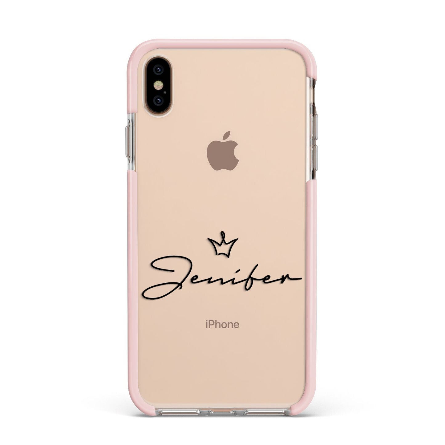 Personalised Black Text Transparent Apple iPhone Xs Max Impact Case Pink Edge on Gold Phone