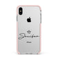 Personalised Black Text Transparent Apple iPhone Xs Max Impact Case Pink Edge on Silver Phone