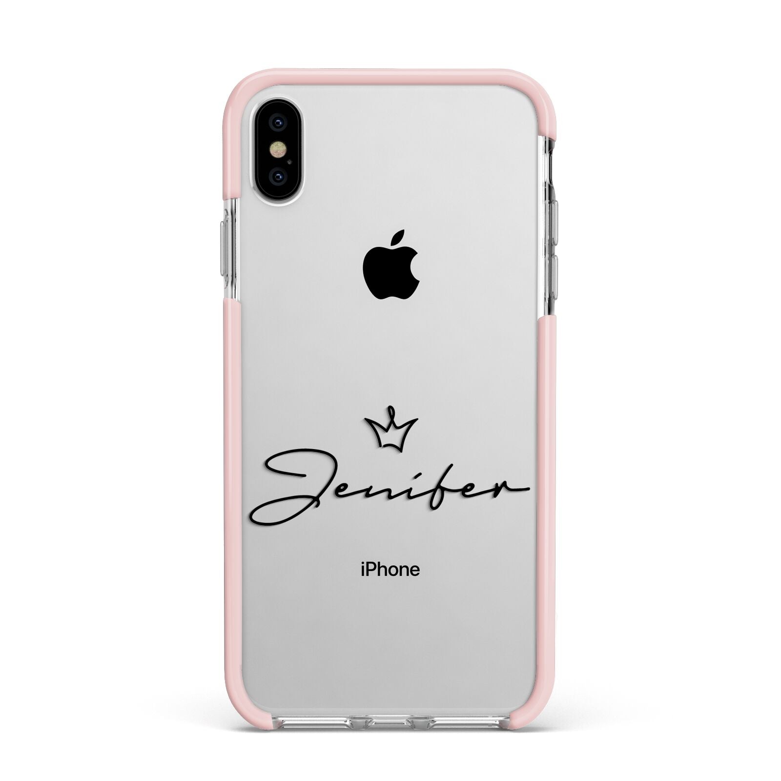 Personalised Black Text Transparent Apple iPhone Xs Max Impact Case Pink Edge on Silver Phone