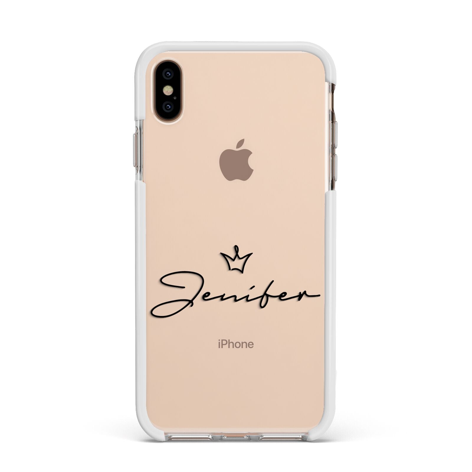 Personalised Black Text Transparent Apple iPhone Xs Max Impact Case White Edge on Gold Phone