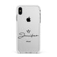 Personalised Black Text Transparent Apple iPhone Xs Max Impact Case White Edge on Silver Phone