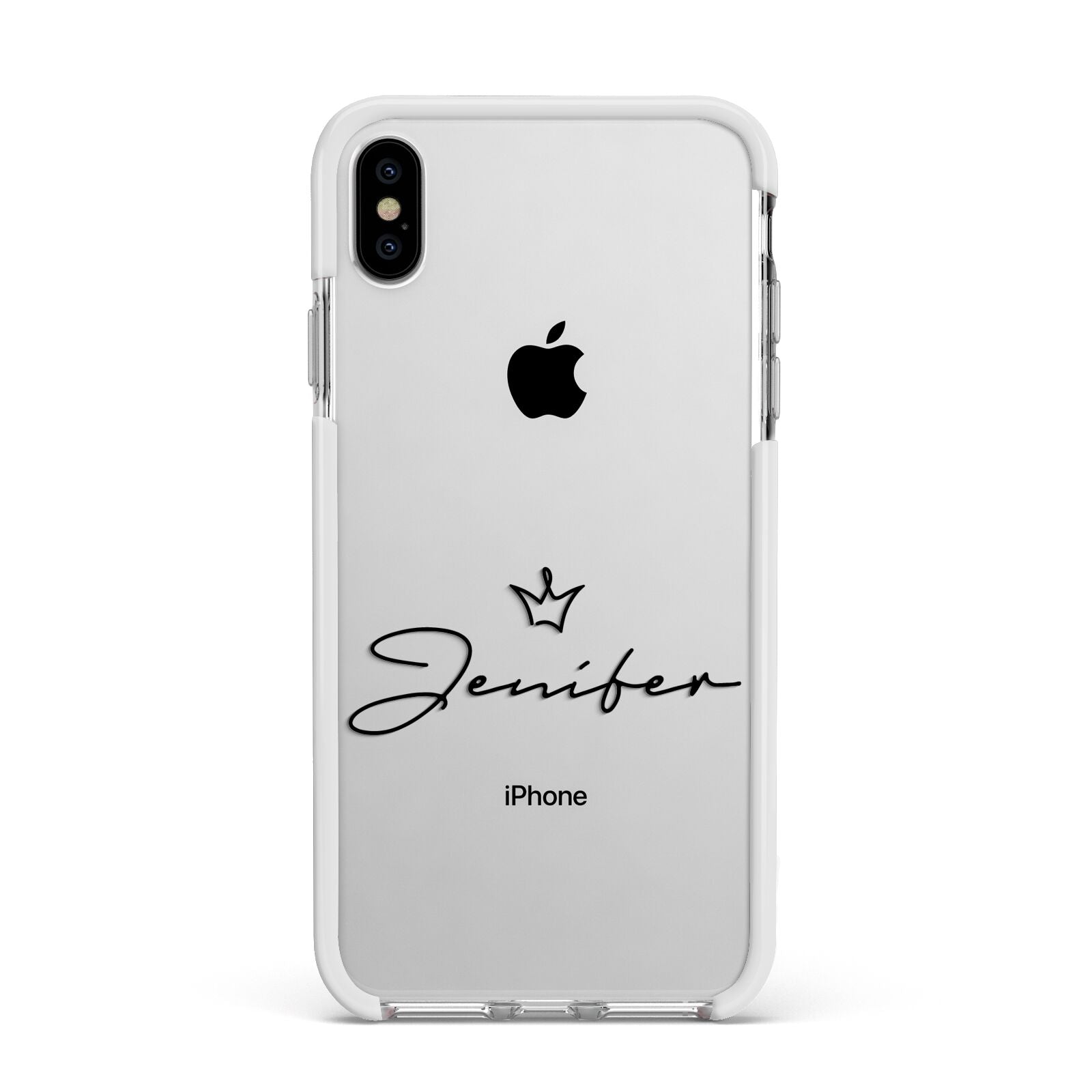 Personalised Black Text Transparent Apple iPhone Xs Max Impact Case White Edge on Silver Phone