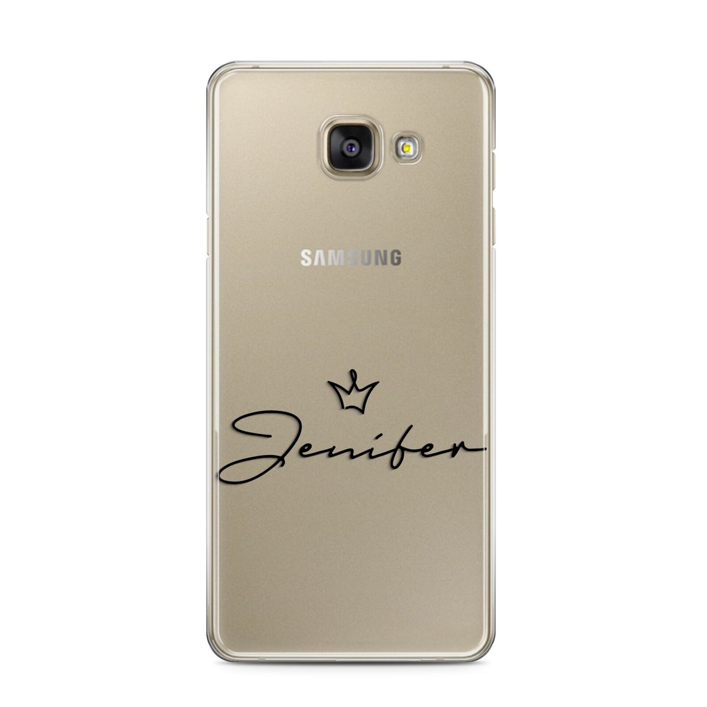 Personalised Black Text Transparent Samsung Galaxy A3 2016 Case on gold phone