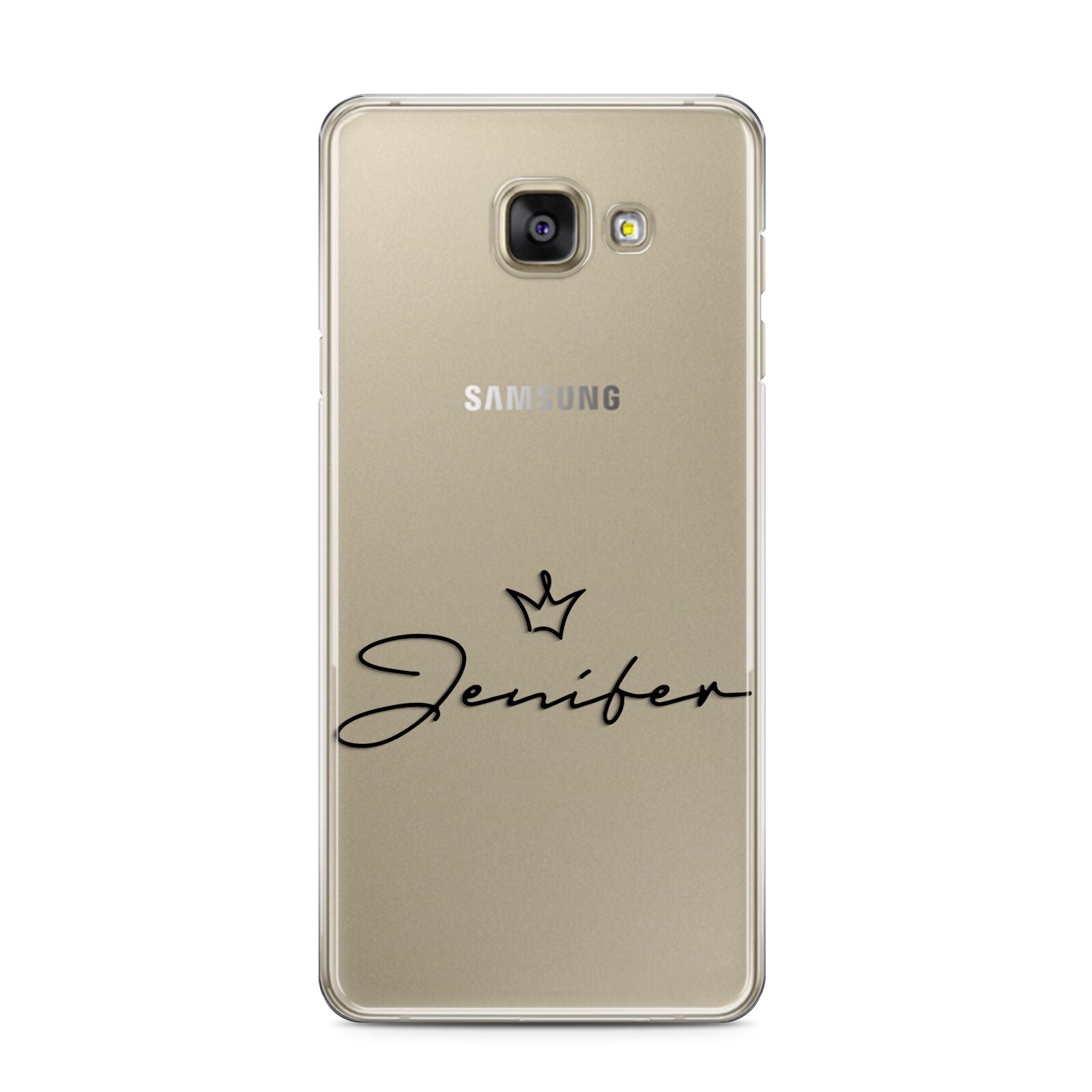 Personalised Black Text Transparent Samsung Galaxy A3 2016 Case on gold phone