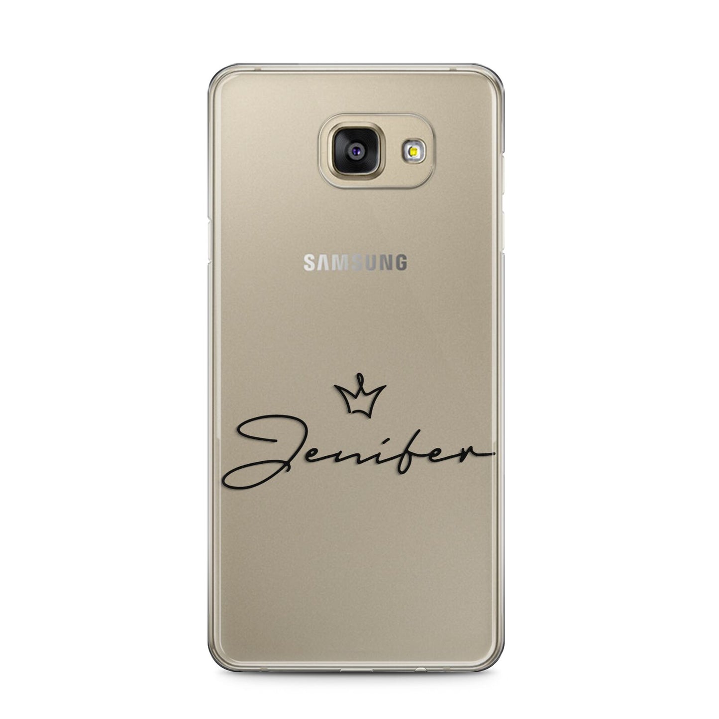 Personalised Black Text Transparent Samsung Galaxy A5 2016 Case on gold phone