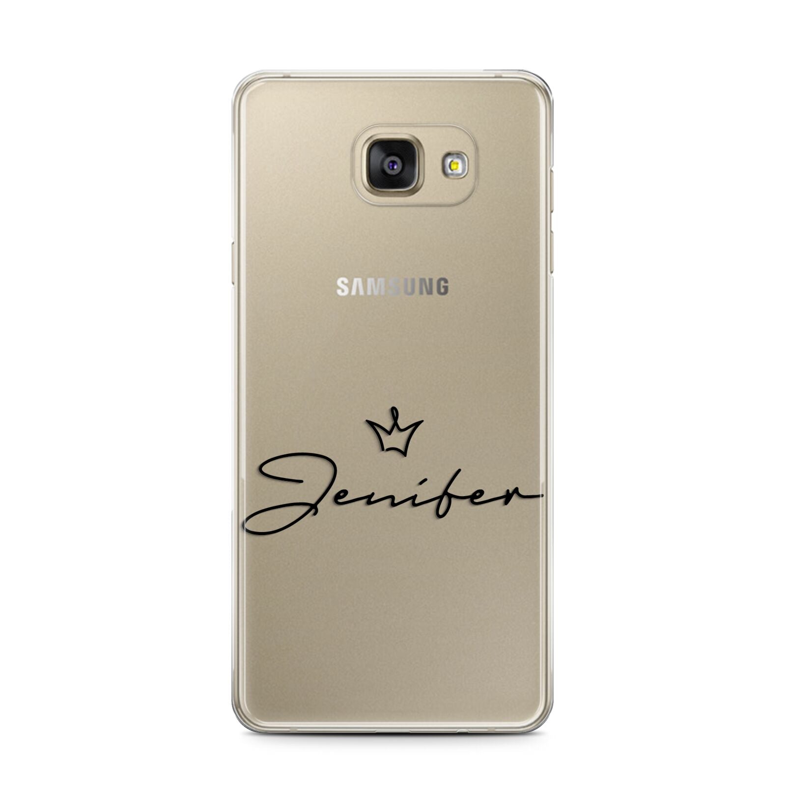Personalised Black Text Transparent Samsung Galaxy A7 2016 Case on gold phone