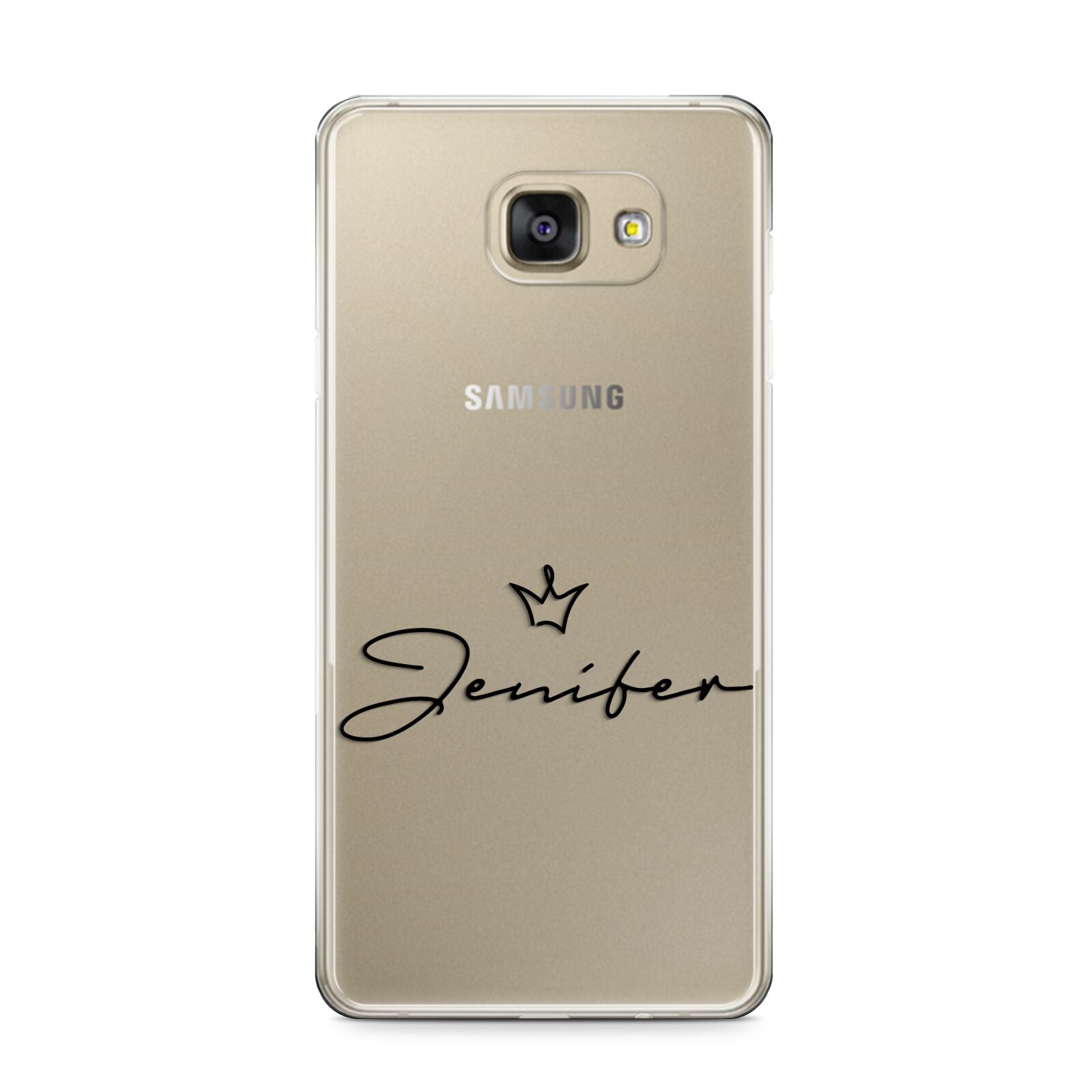 Personalised Black Text Transparent Samsung Galaxy A9 2016 Case on gold phone
