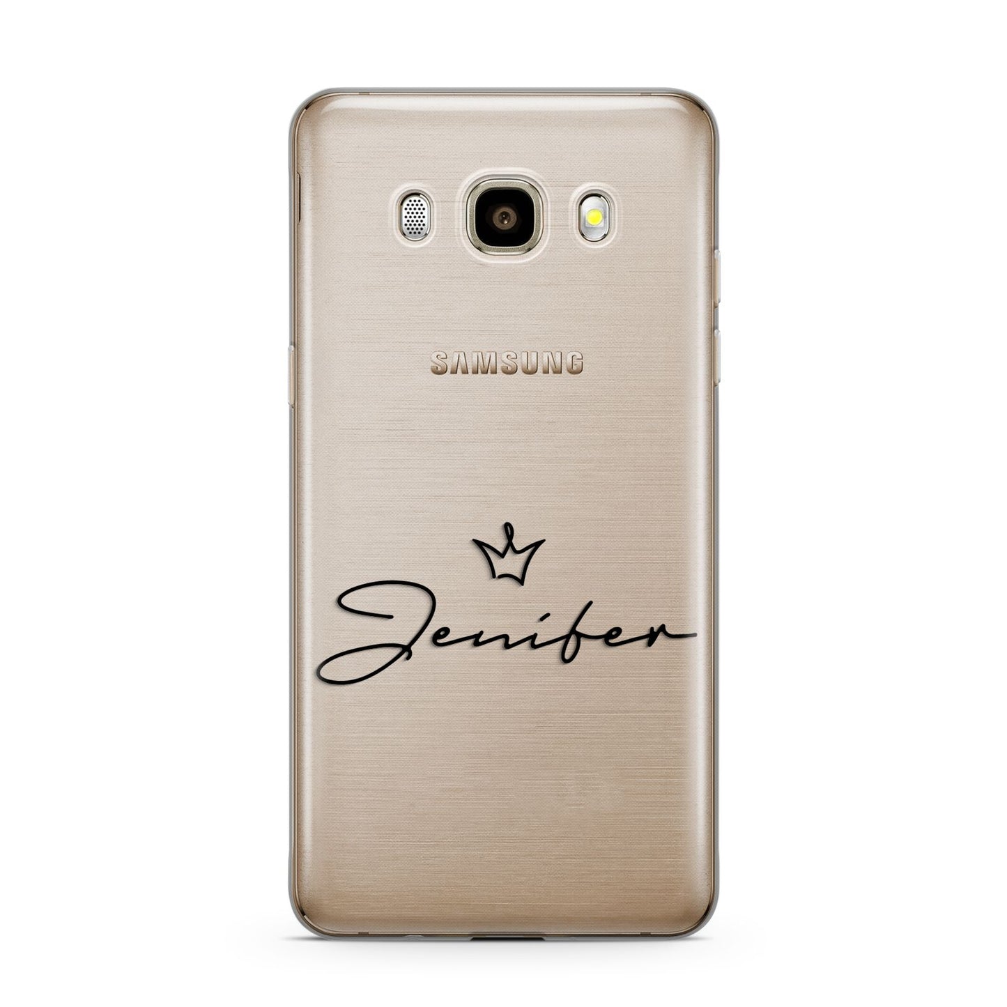 Personalised Black Text Transparent Samsung Galaxy J7 2016 Case on gold phone