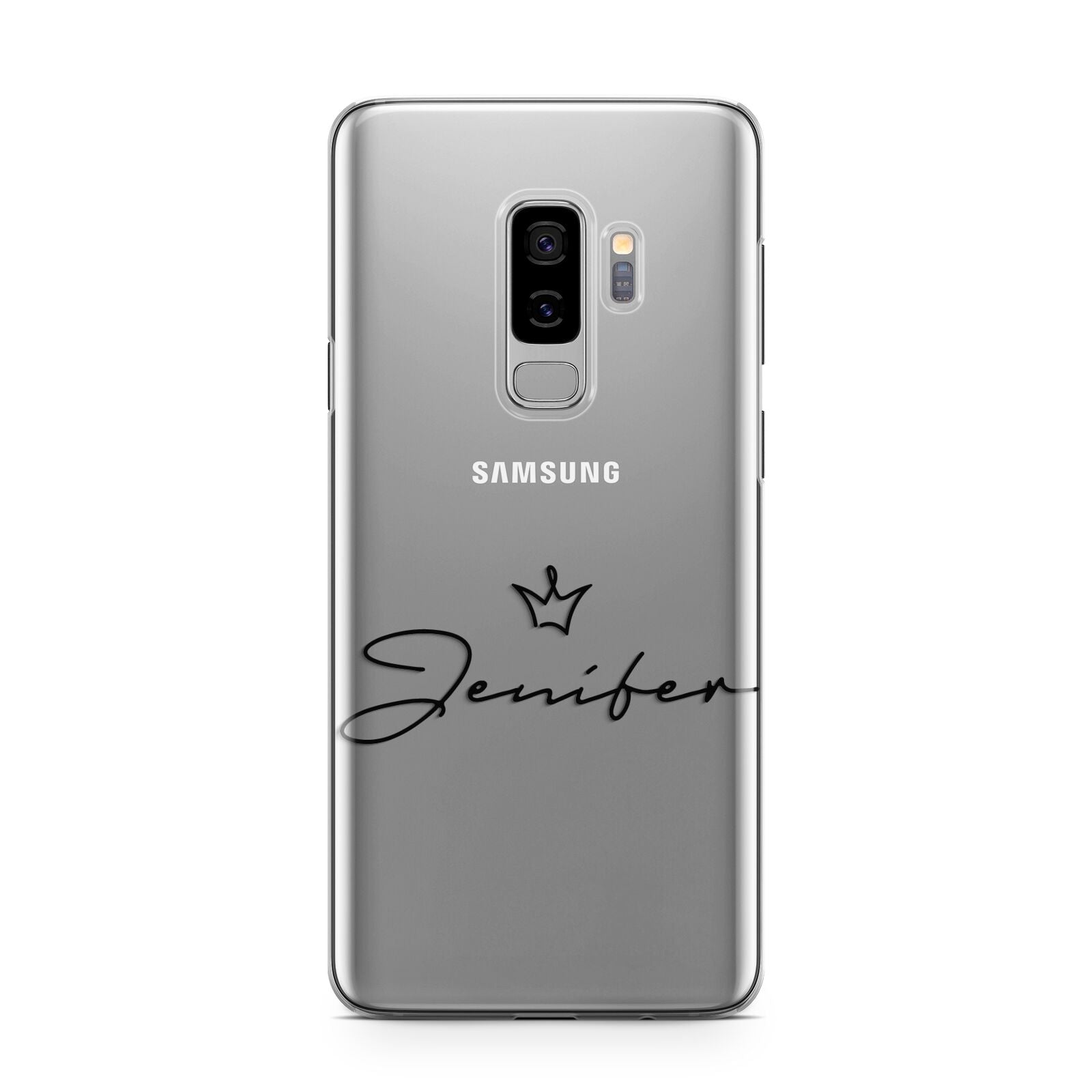 Personalised Black Text Transparent Samsung Galaxy S9 Plus Case on Silver phone
