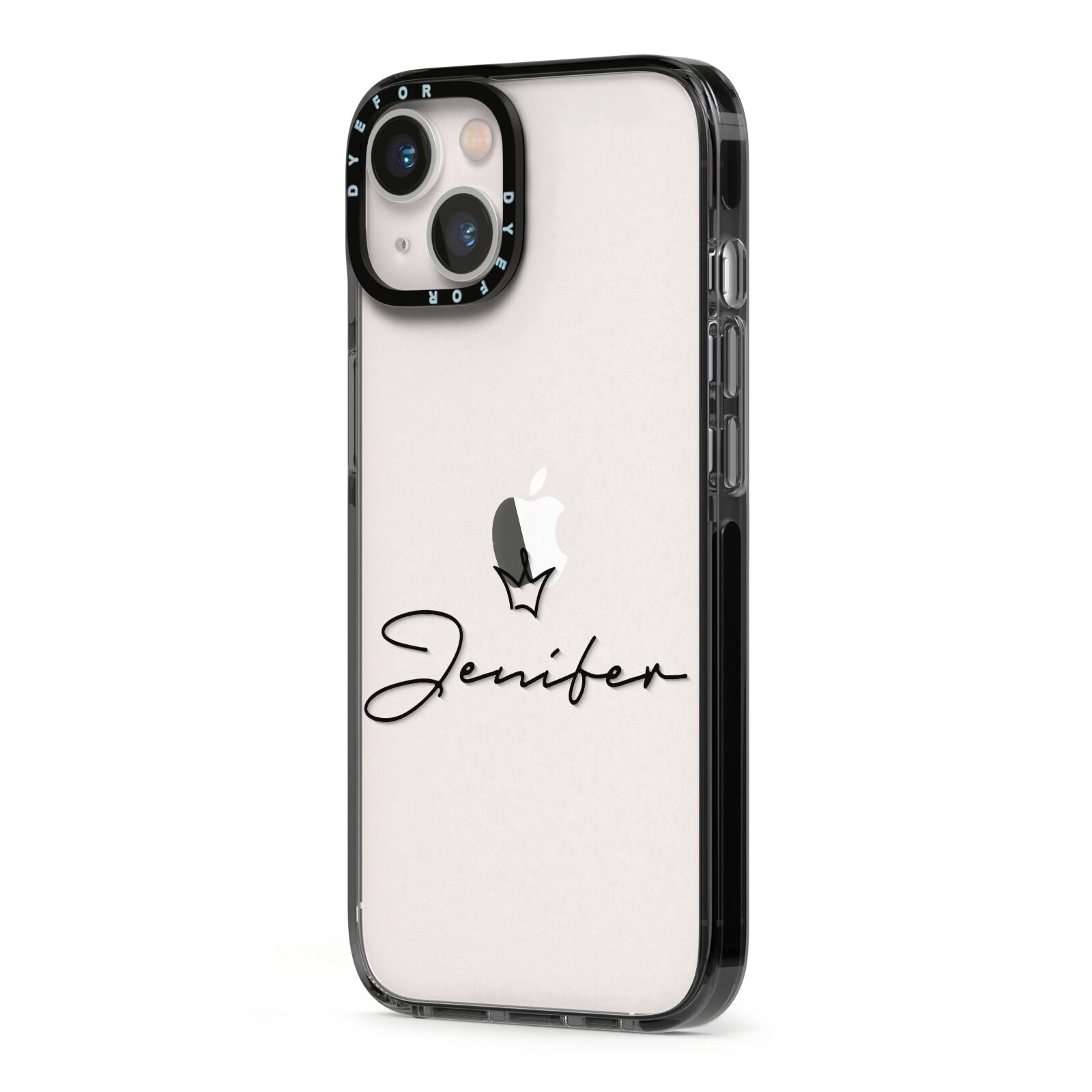 Personalised Black Text Transparent iPhone 13 Black Impact Case Side Angle on Silver phone
