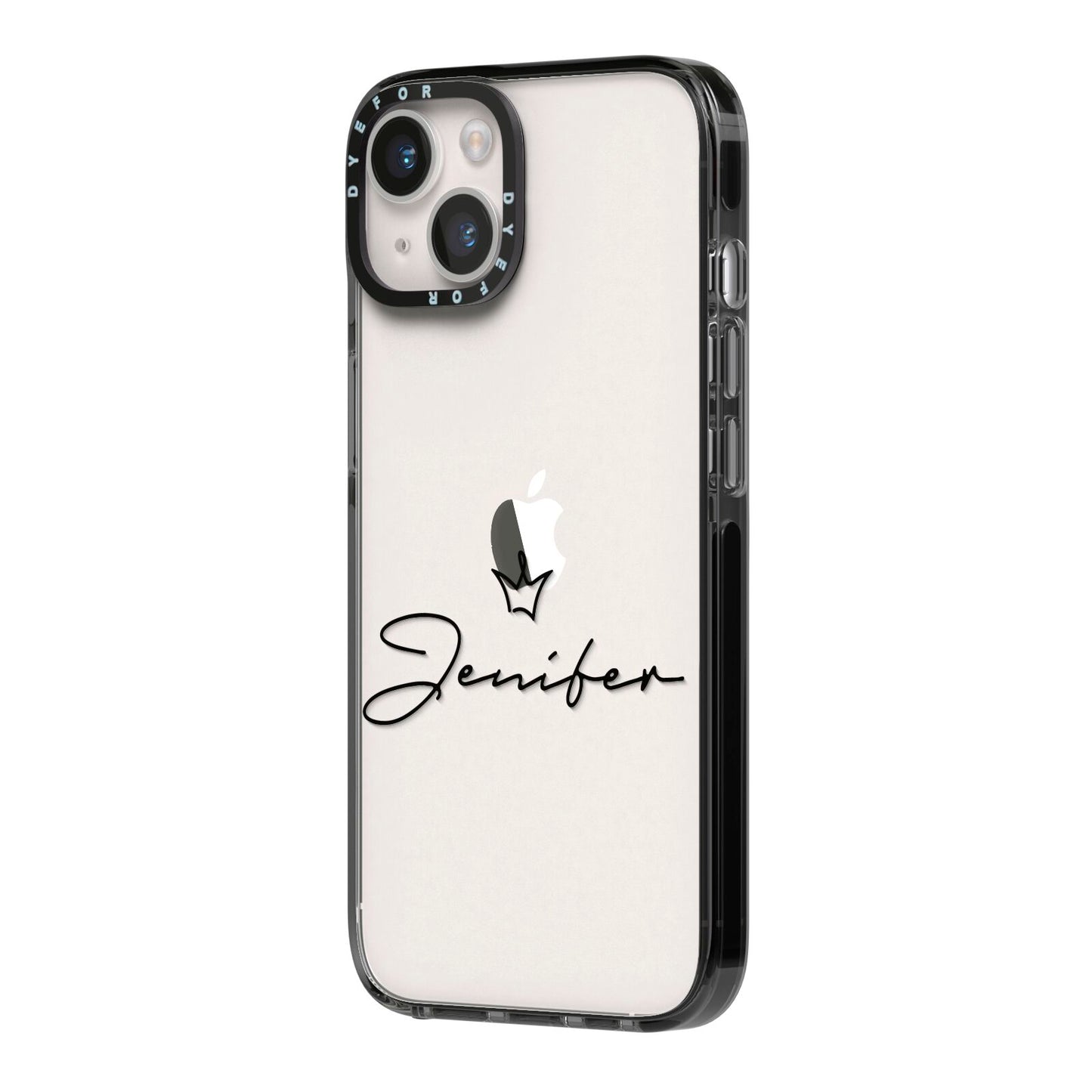 Personalised Black Text Transparent iPhone 14 Black Impact Case Side Angle on Silver phone