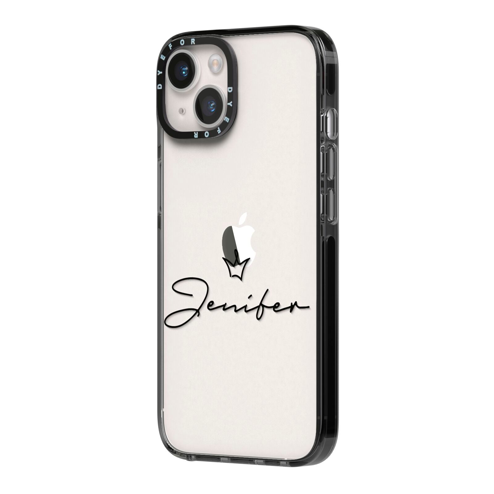Personalised Black Text Transparent iPhone 14 Black Impact Case Side Angle on Silver phone
