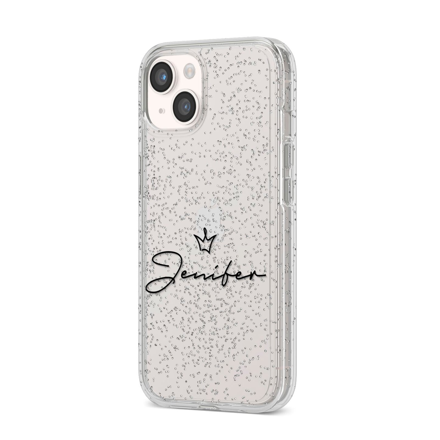 Personalised Black Text Transparent iPhone 14 Glitter Tough Case Starlight Angled Image