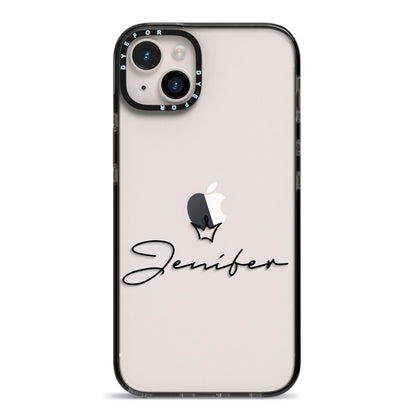 Personalised Black Text Transparent iPhone 14 Plus Black Impact Case on Silver phone
