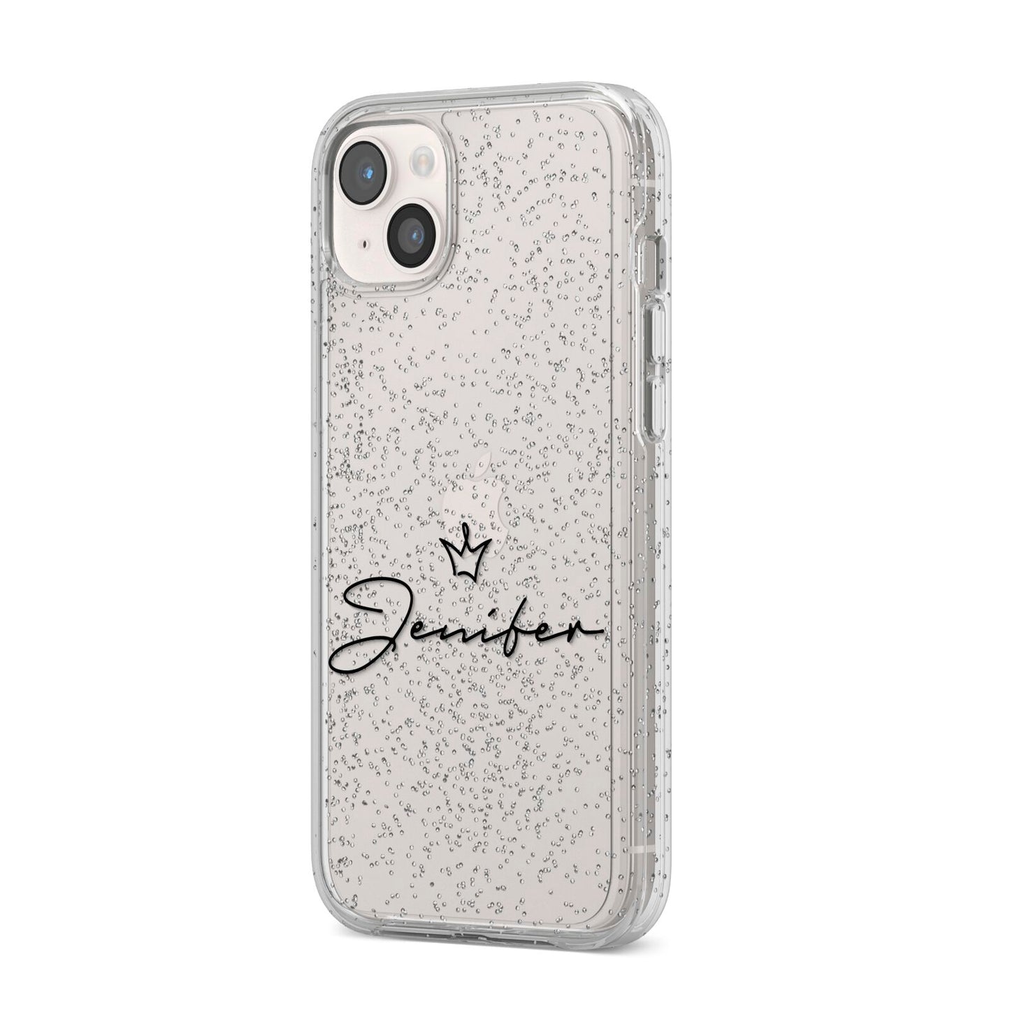 Personalised Black Text Transparent iPhone 14 Plus Glitter Tough Case Starlight Angled Image