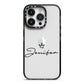 Personalised Black Text Transparent iPhone 14 Pro Black Impact Case on Silver phone