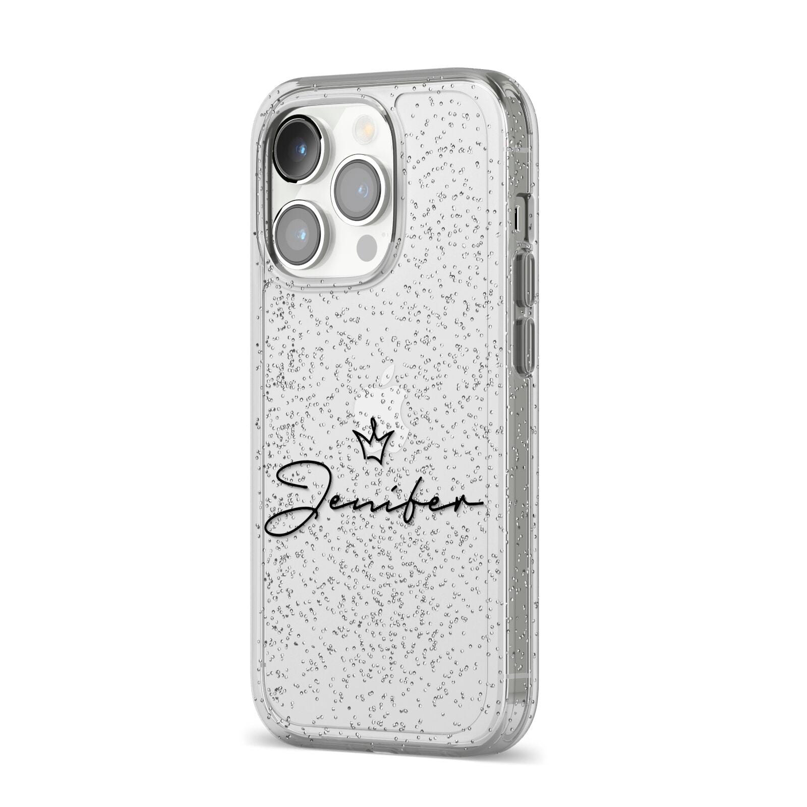 Personalised Black Text Transparent iPhone 14 Pro Glitter Tough Case Silver Angled Image