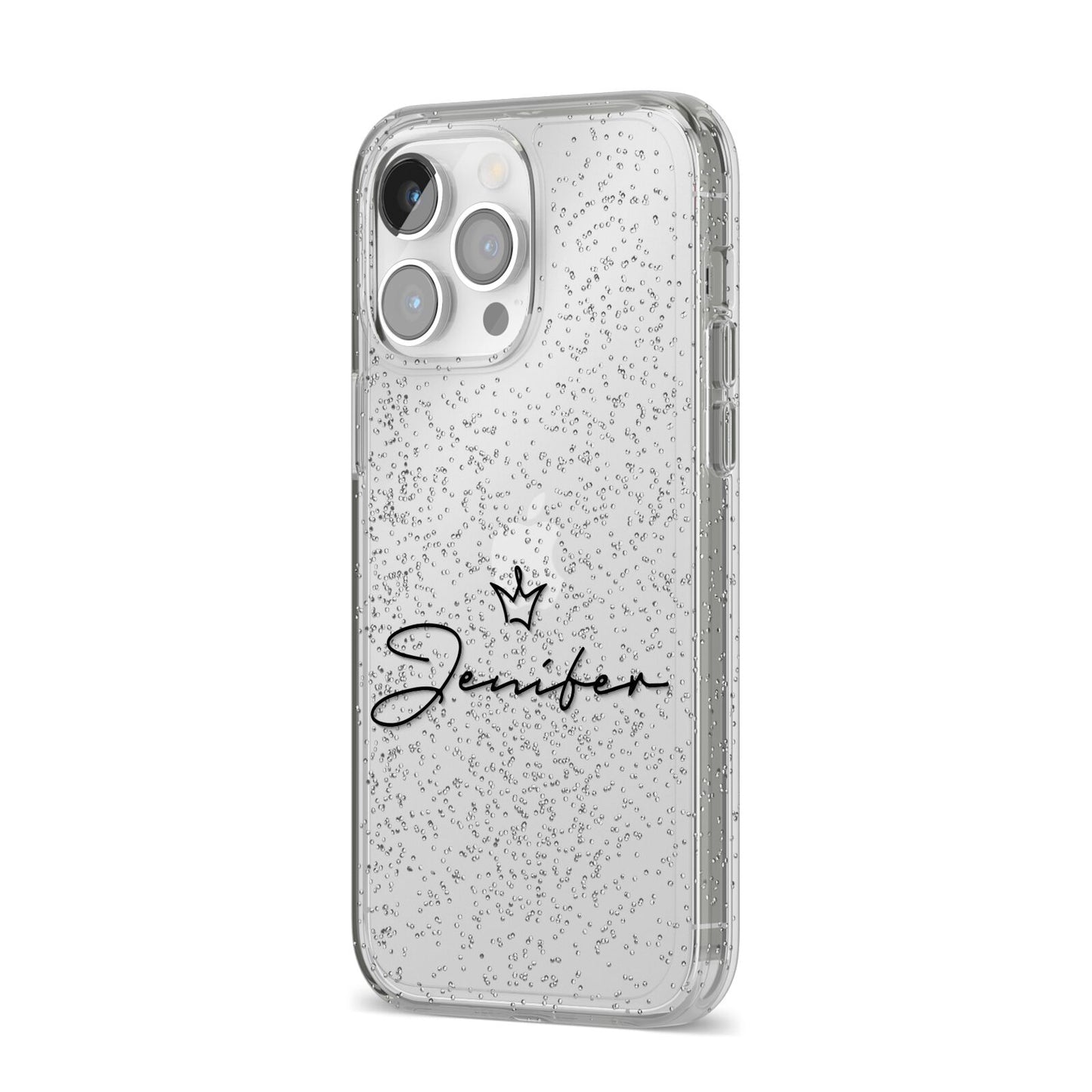 Personalised Black Text Transparent iPhone 14 Pro Max Glitter Tough Case Silver Angled Image