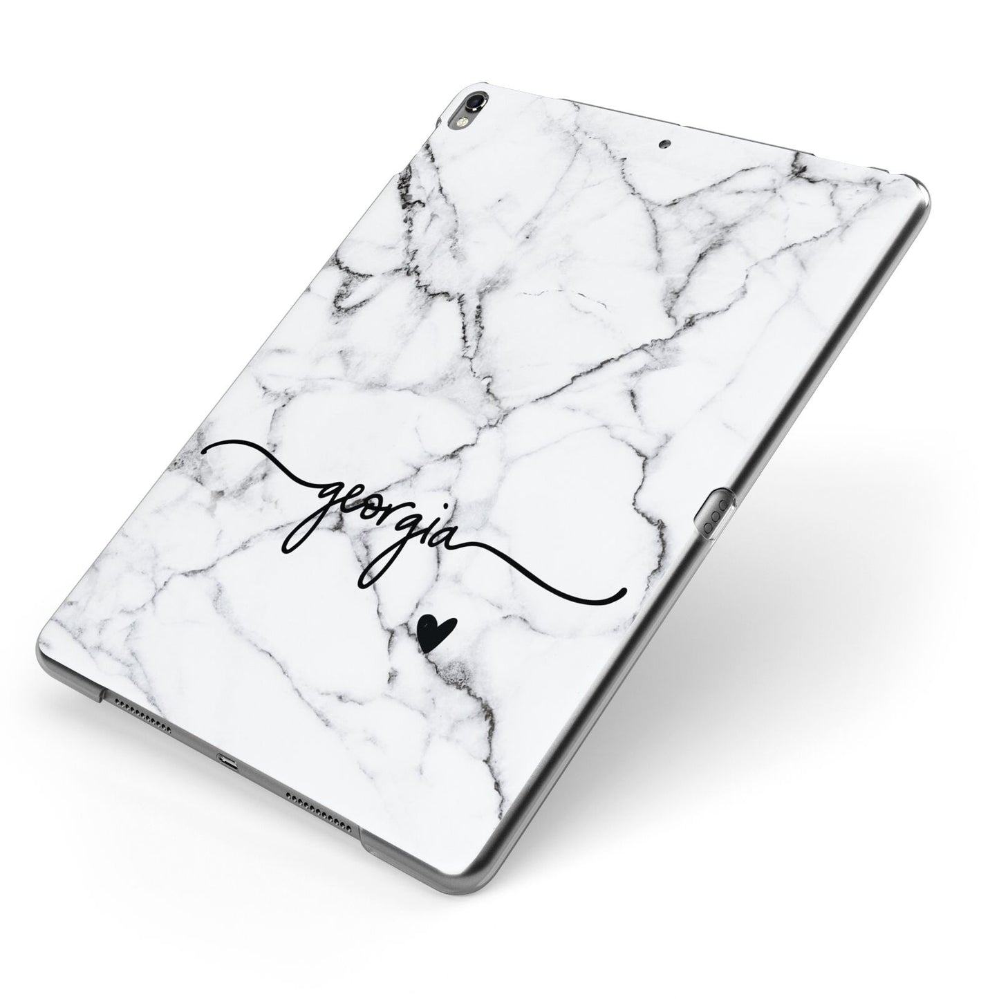 Personalised Black and White Marble with Handwriting Text Apple iPad Case on Grey iPad Side View