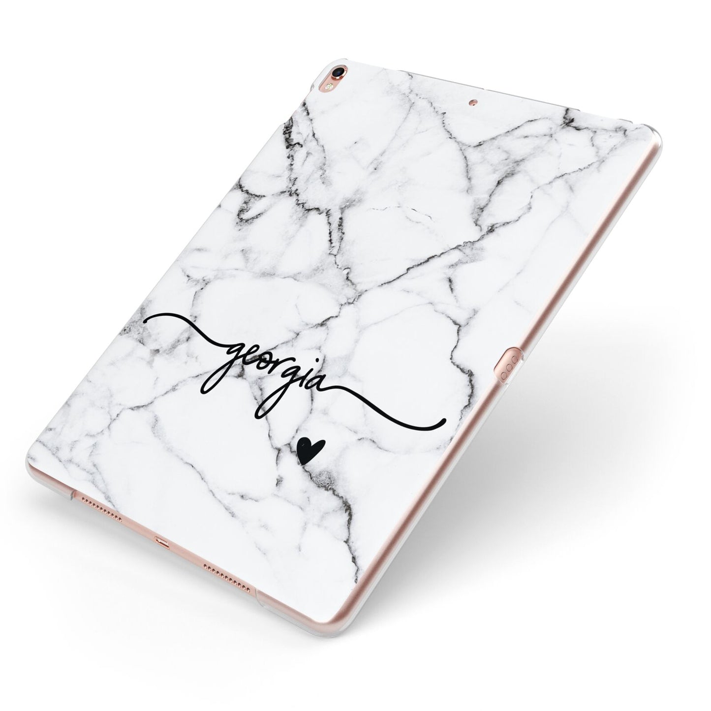 Personalised Black and White Marble with Handwriting Text Apple iPad Case on Rose Gold iPad Side View