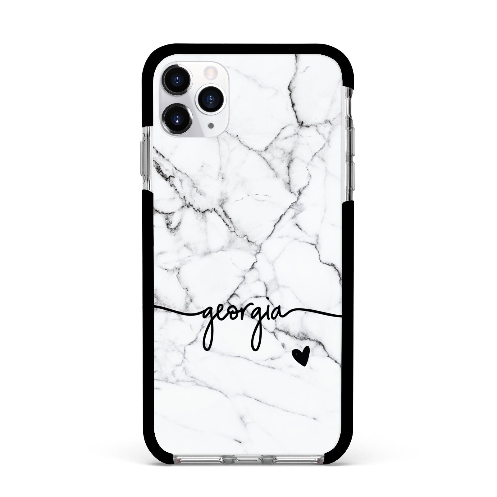 Personalised Black and White Marble with Handwriting Text Apple iPhone 11 Pro Max in Silver with Black Impact Case