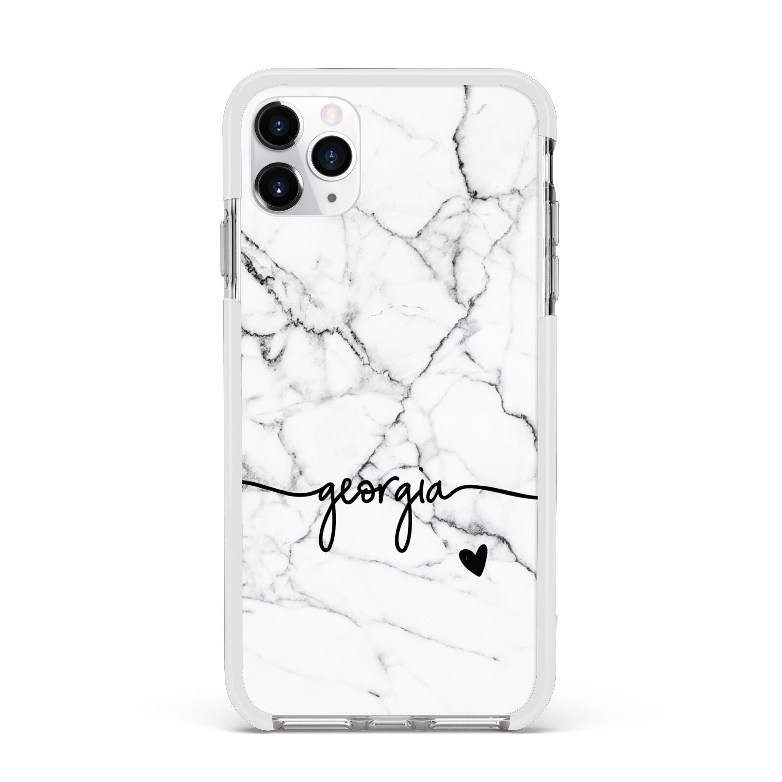 Personalised Black and White Marble with Handwriting Text Apple iPhone 11 Pro Max in Silver with White Impact Case