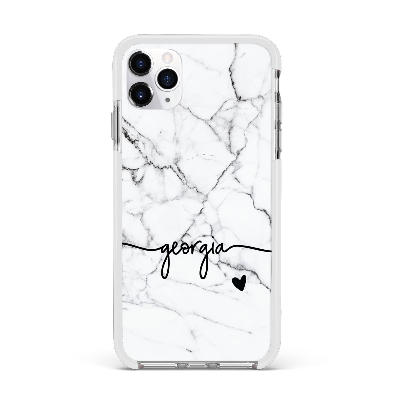 Personalised Black and White Marble with Handwriting Text Apple iPhone 11 Pro Max in Silver with White Impact Case