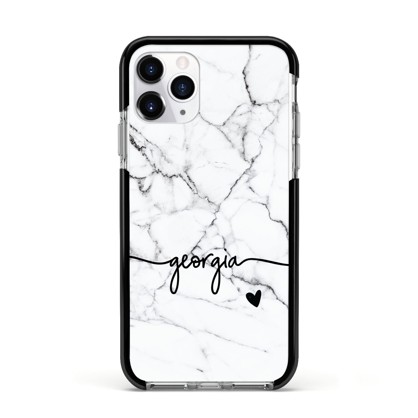 Personalised Black and White Marble with Handwriting Text Apple iPhone 11 Pro in Silver with Black Impact Case