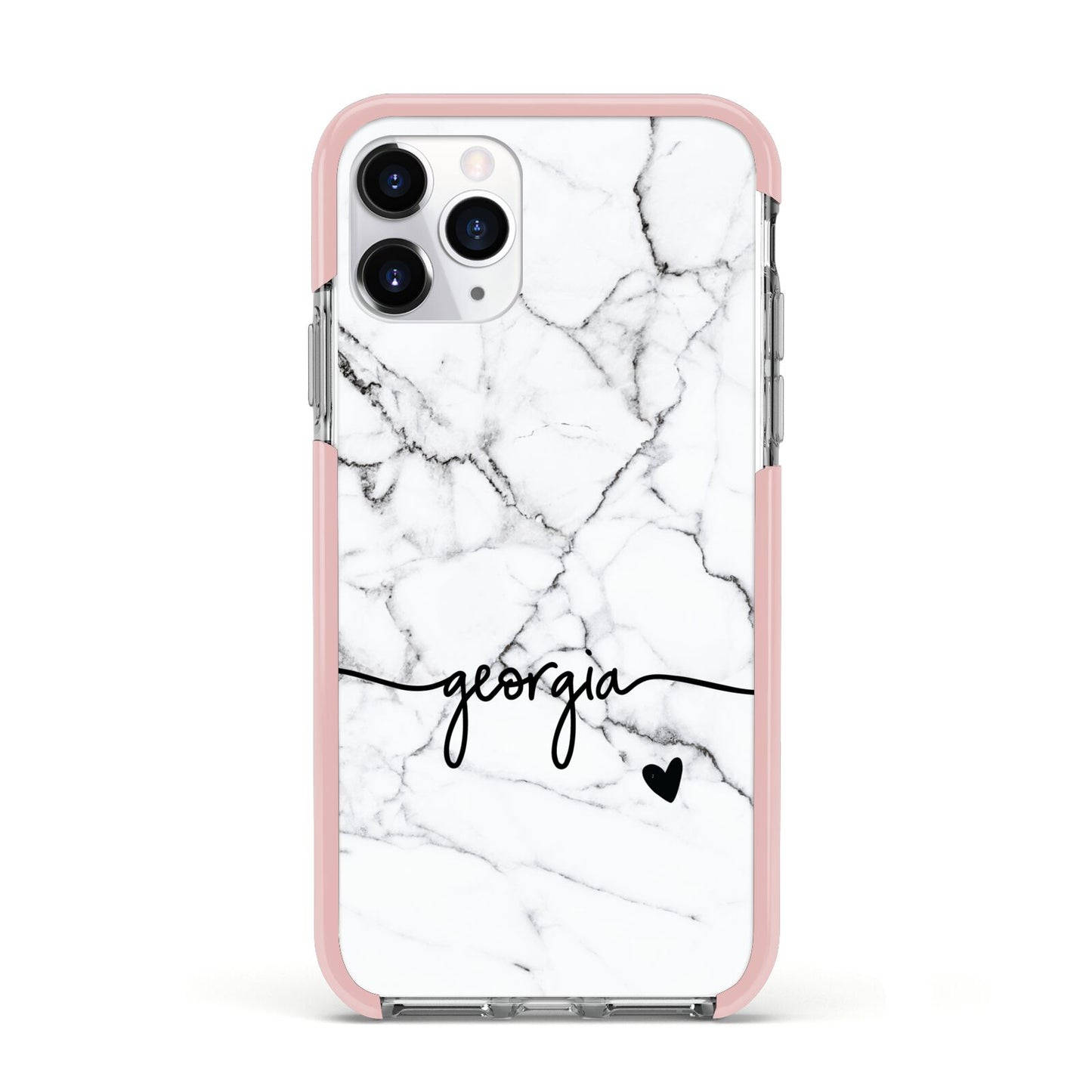 Personalised Black and White Marble with Handwriting Text Apple iPhone 11 Pro in Silver with Pink Impact Case