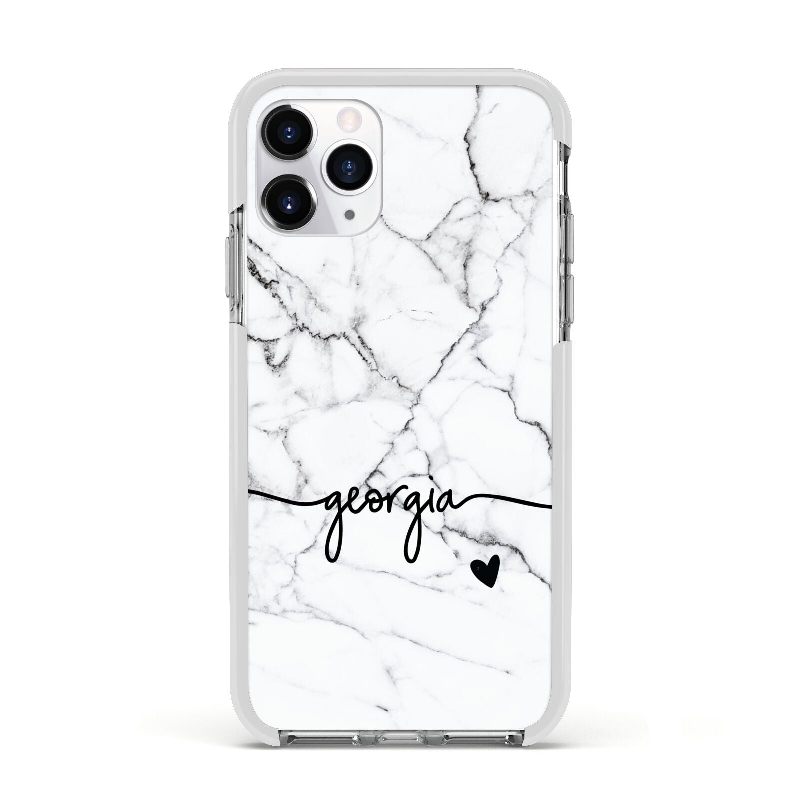 Personalised Black and White Marble with Handwriting Text Apple iPhone 11 Pro in Silver with White Impact Case
