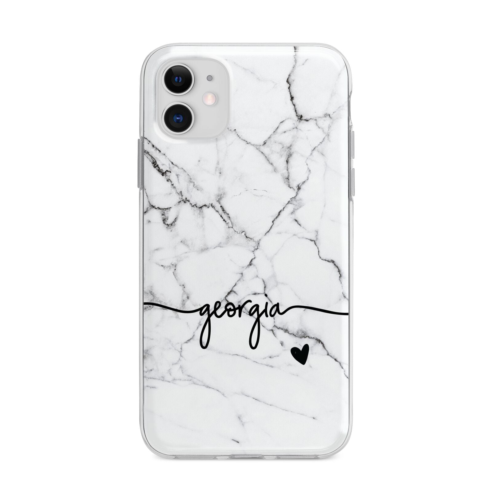 Personalised Black and White Marble with Handwriting Text Apple iPhone 11 in White with Bumper Case