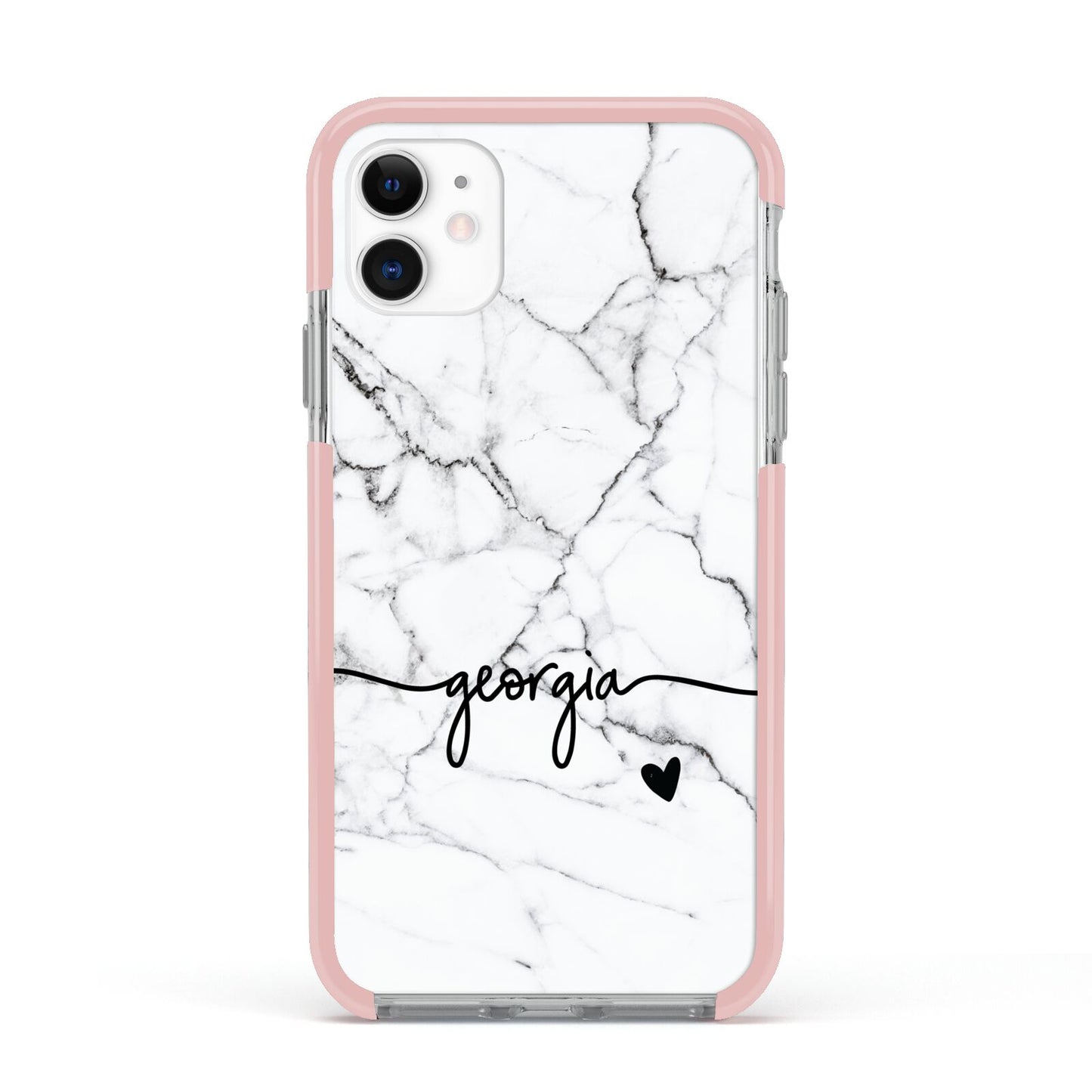 Personalised Black and White Marble with Handwriting Text Apple iPhone 11 in White with Pink Impact Case