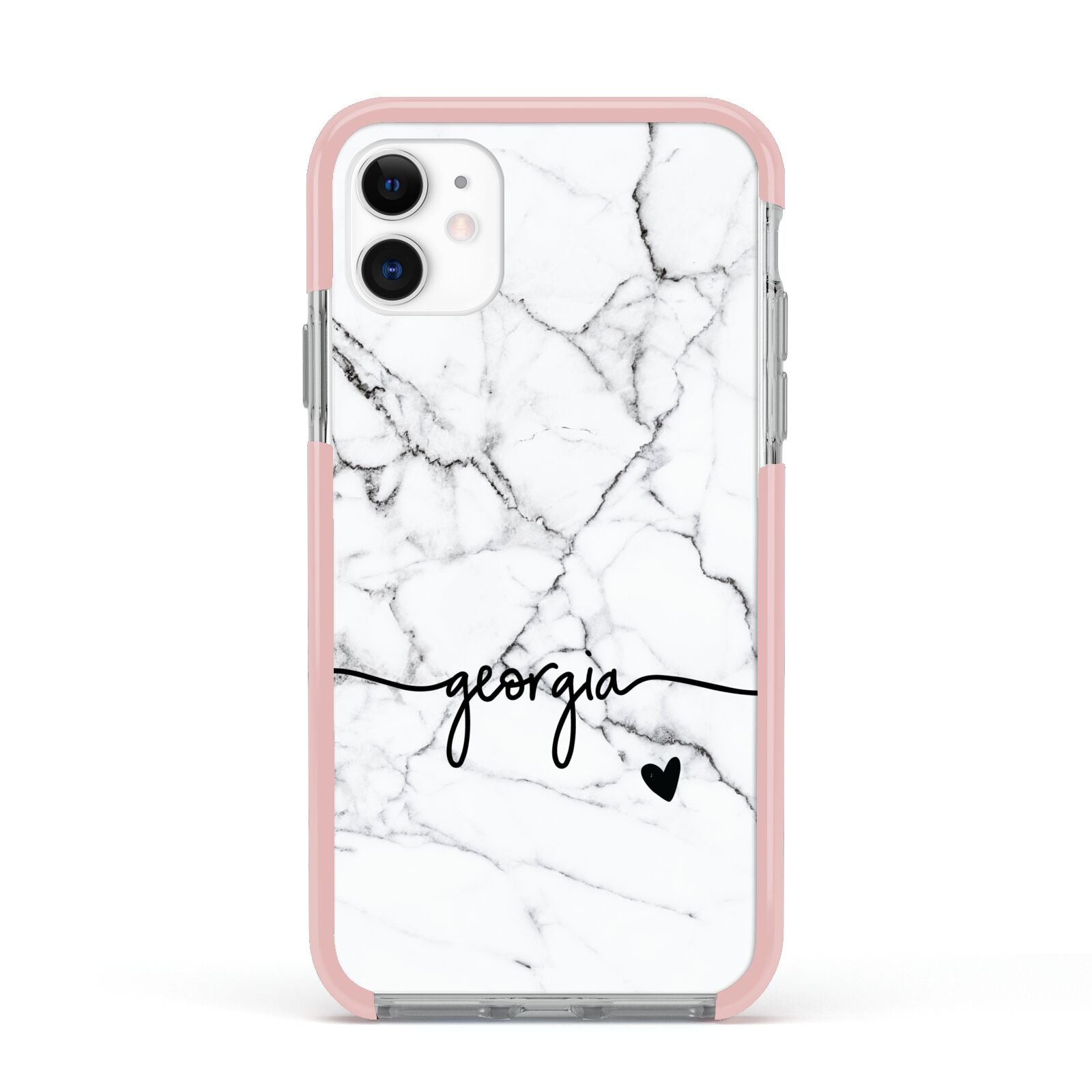 Personalised Black and White Marble with Handwriting Text Apple iPhone 11 in White with Pink Impact Case