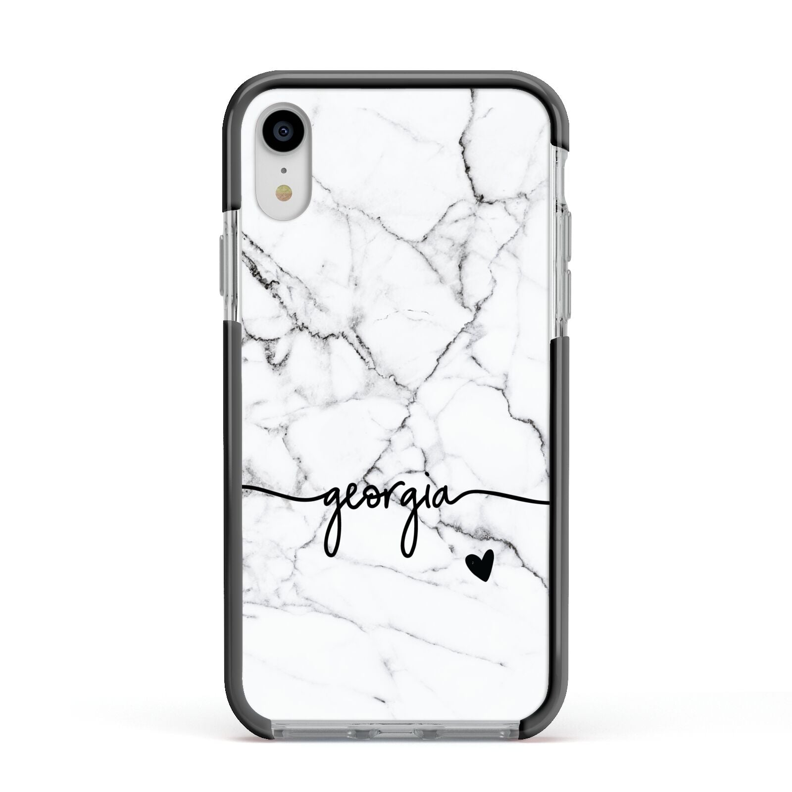 Personalised Black and White Marble with Handwriting Text Apple iPhone XR Impact Case Black Edge on Silver Phone