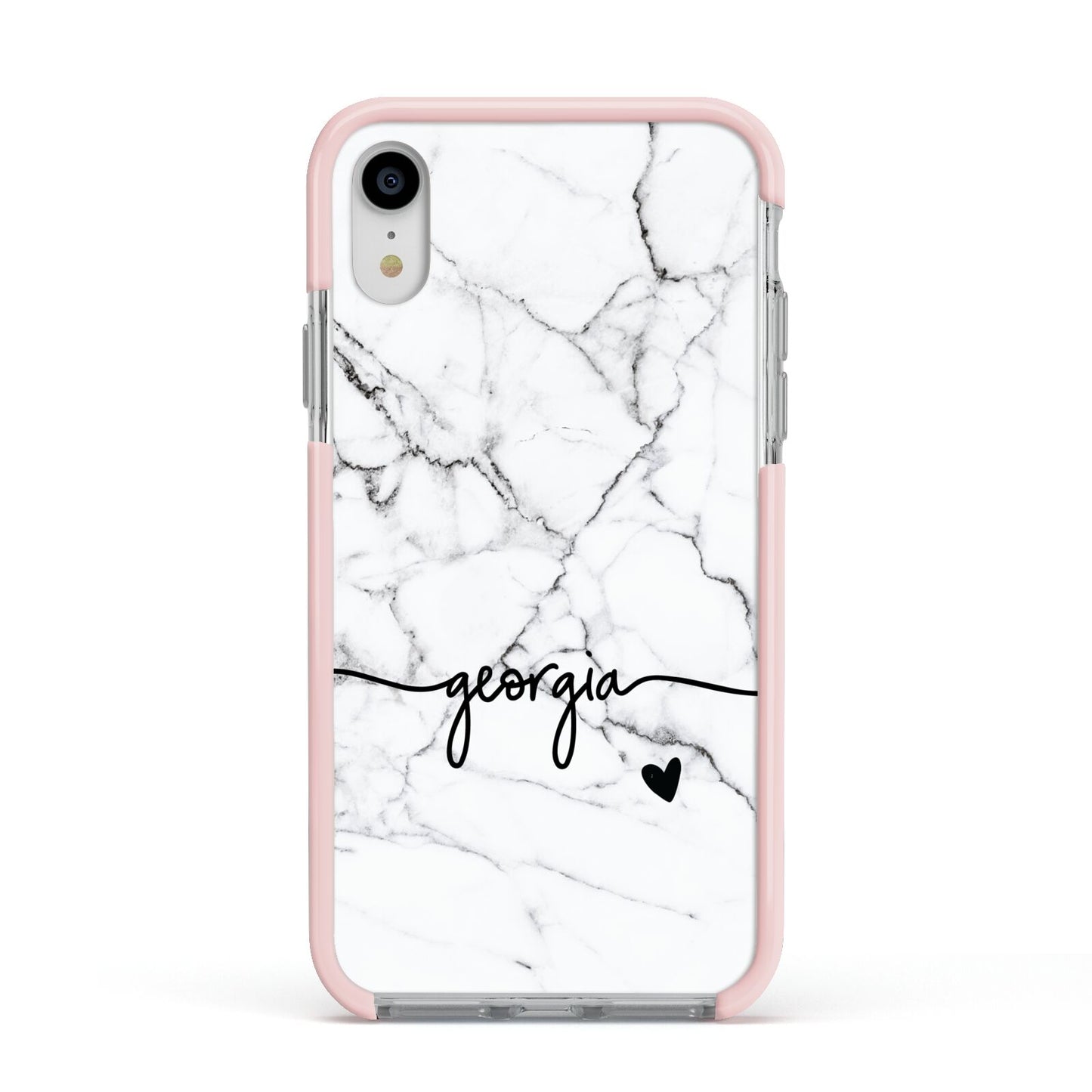 Personalised Black and White Marble with Handwriting Text Apple iPhone XR Impact Case Pink Edge on Silver Phone