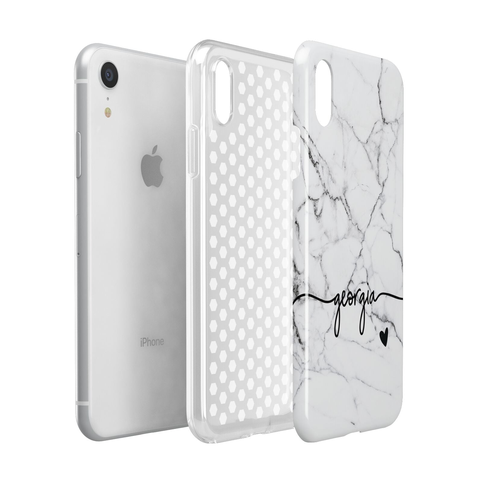 Personalised Black and White Marble with Handwriting Text Apple iPhone XR White 3D Tough Case Expanded view