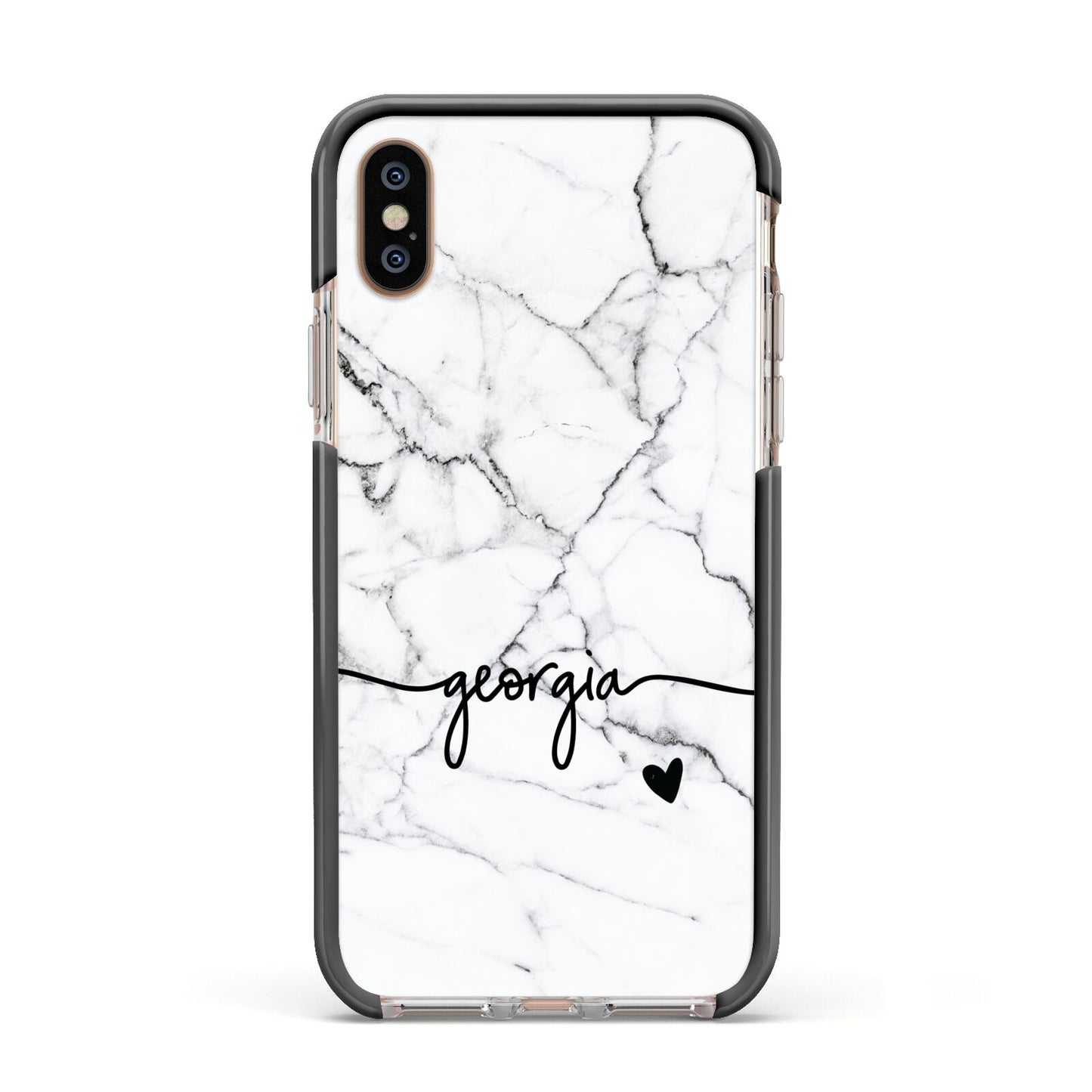 Personalised Black and White Marble with Handwriting Text Apple iPhone Xs Impact Case Black Edge on Gold Phone